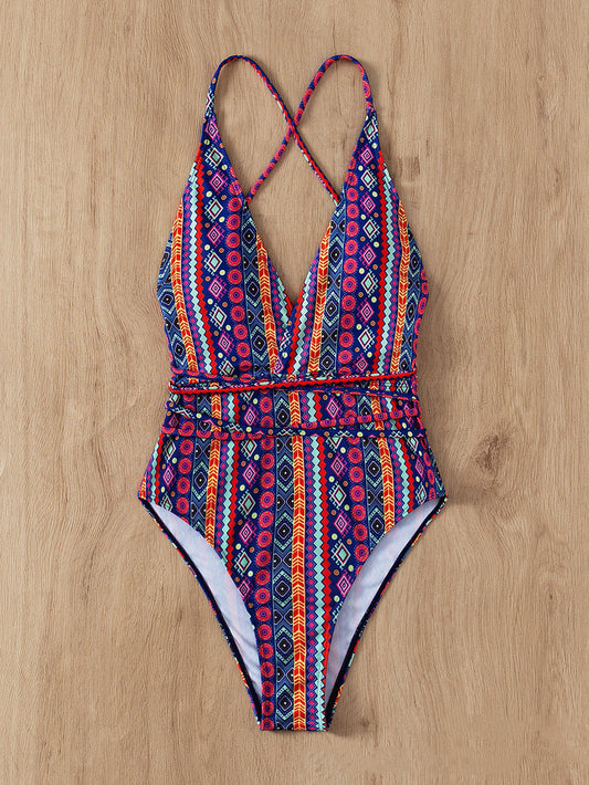 New Bohemian Swimsuit Deep V Strap One-piece Swimsuit For Women