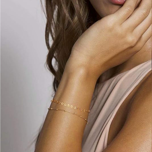 Zarte Goldarmbänder für Frauen, 14K vergoldet, verstellbar, geschichtete Armbänder, niedliche ovale Ketten-Stab-Goldarmbänder für Frauen, Schmuck