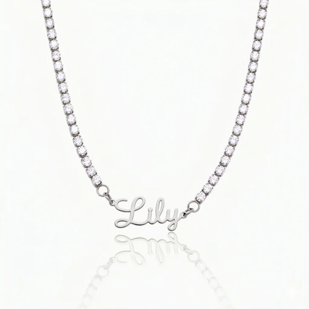 CE Certificate Custom Stainless Steel PVD Plated Signature Name Oval CZ Tennis Necklace Dropshipping Gift Women Jewelry