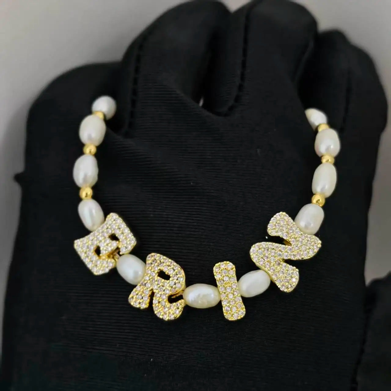 Personalized Freshwater Pearl Bracelet | Bubble Letter CZ Initial Charm 18K Gold