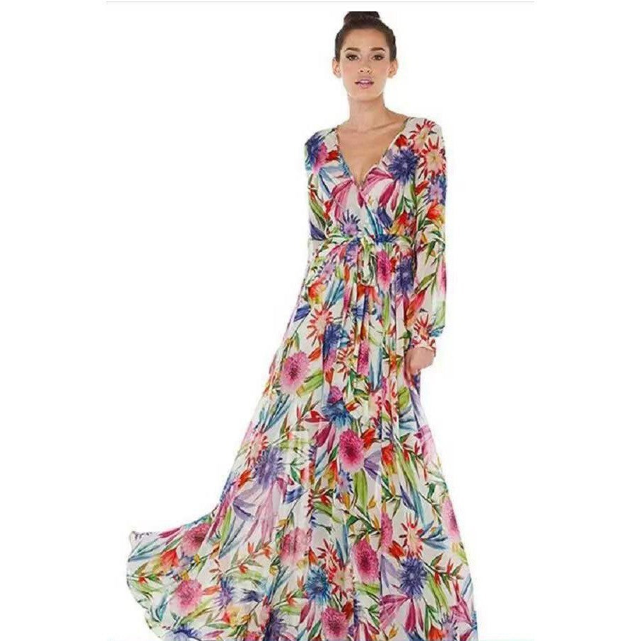 2025 Cross-Border Summer New Amazon European and American Lantern Sleeve Sexy Deep V Print Dress Green Leaf Long Skirt