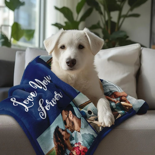 Customised fleece blankets with five photos, suitable for sofas, beds, families, friends, fathers, mothers, couples, and gifts.