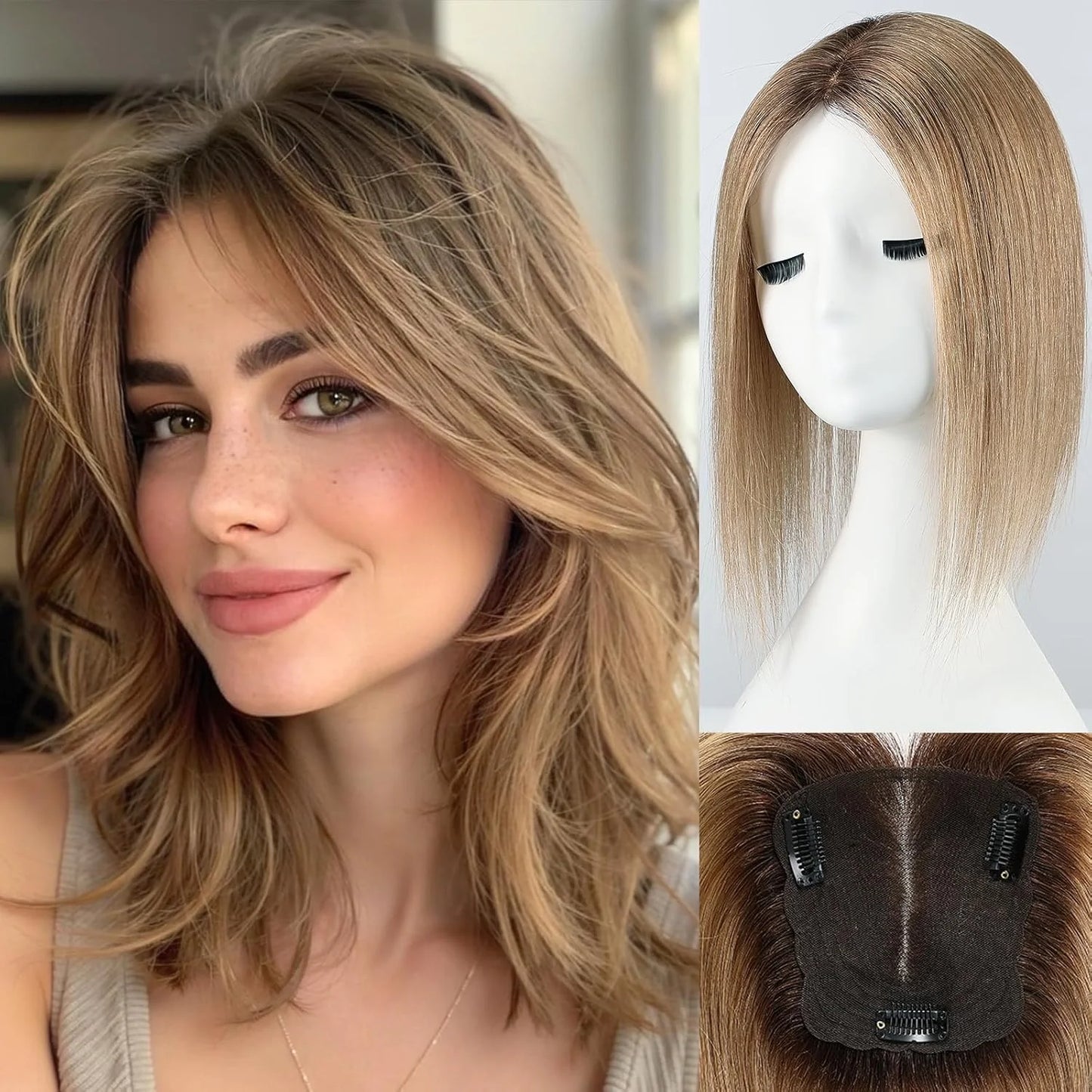 Ombre Blonde Highlight Natural Human Hair Toppers for Women 4.5*5 inch Lace Base Hair Topper Silk Straight Remy Hairpiece