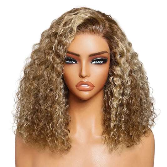 7x5 Bye-Bye Slip Lace Honey Blonde Highlights Voluminous Curly Bob Wig | 180% Density Glueless Human Hair