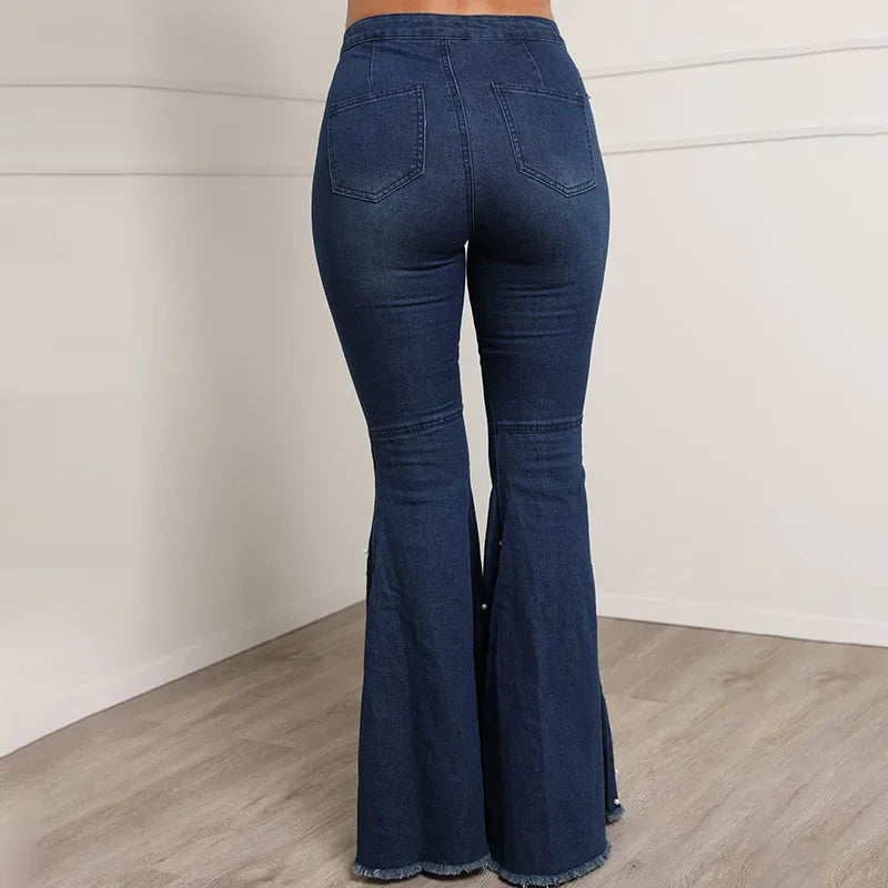 Women's High Waist Embroidered Flare Jeans — Slim Fit Distressed Denim