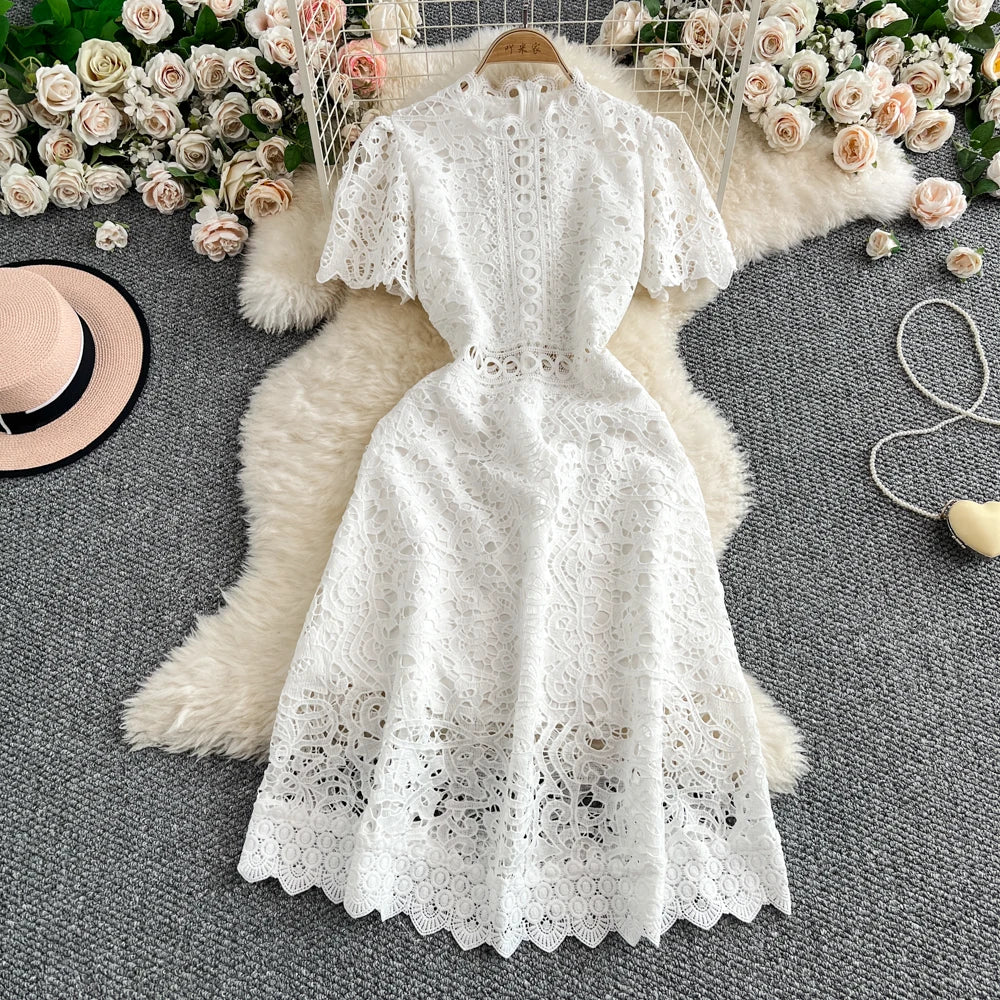 Women's French Style Hollow-Out Lace Dress — Waist-Cinched Short Sleeve A-Line