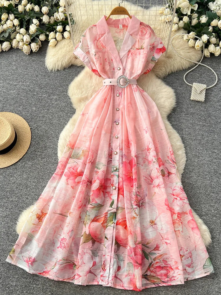 Women's French Countryside Chiffon Printed Dress — Raglan Sleeve A-Line