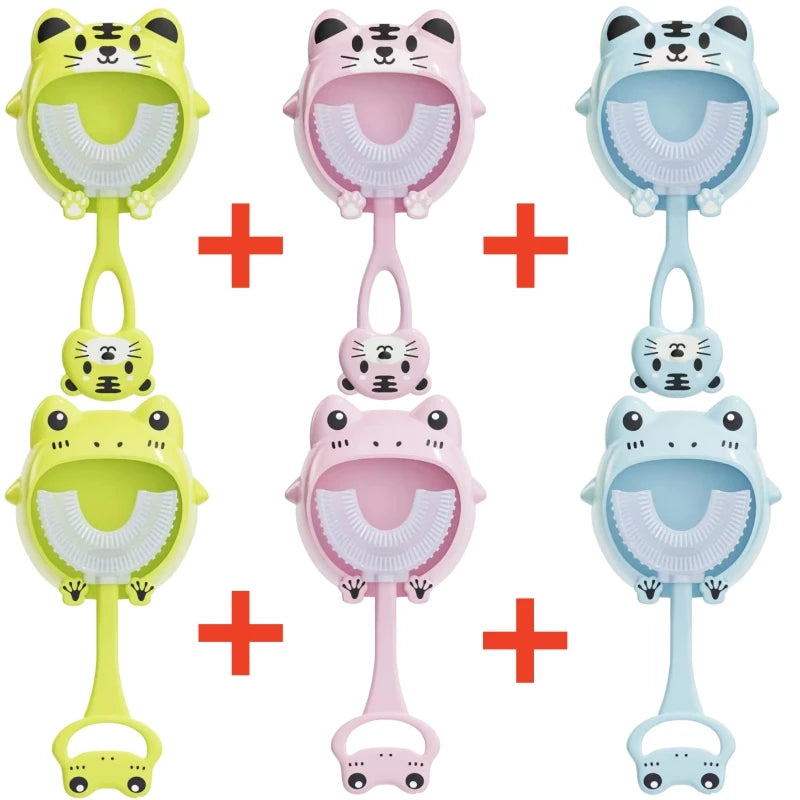 Kids U-Shaped Silicone Toothbrush — 360° Cartoon Design for Ages 1–12