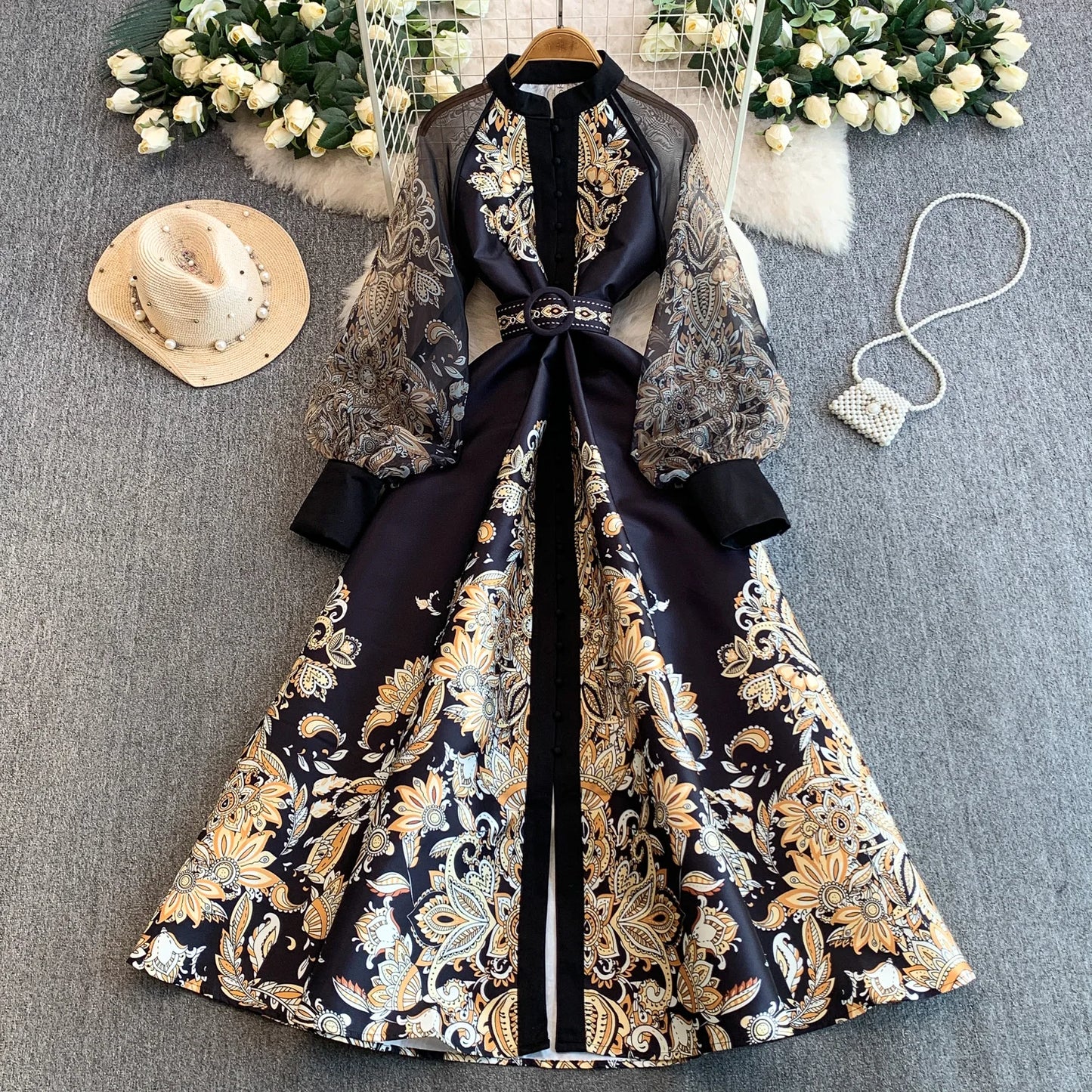 Elegant European Court Style Vintage Mesh Splice Print Lantern Sleeve Long Dress Women's Waist Cinching Slimming Maxi Gown