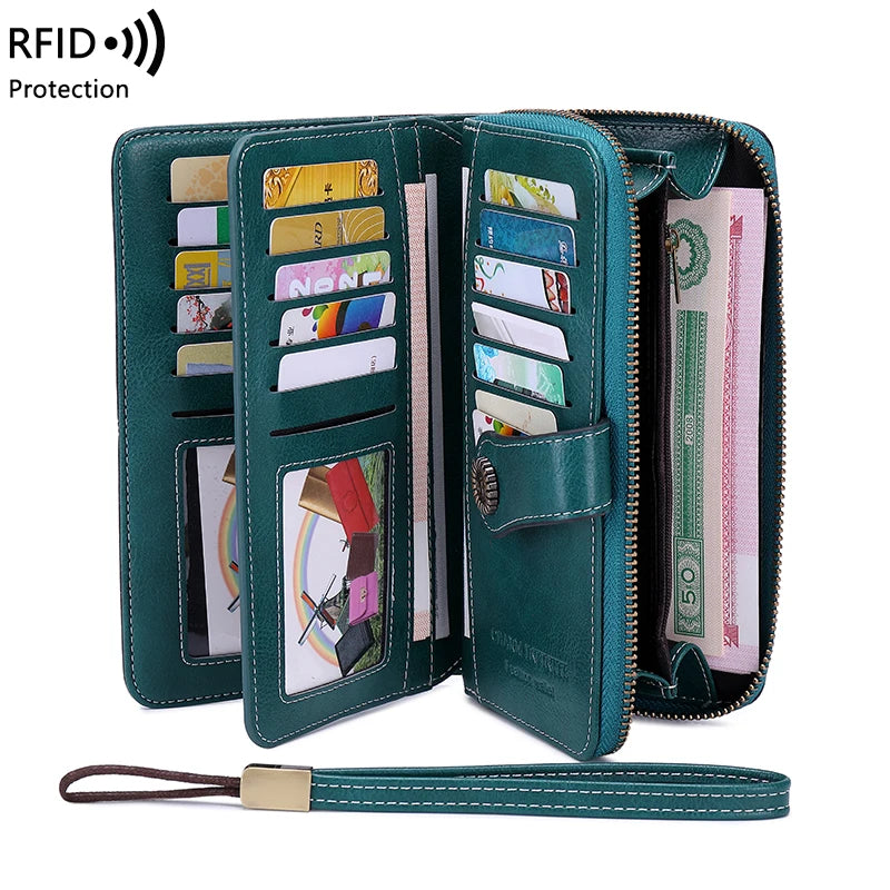 RFID anti-theft brush Retro large capacity long wallet Multi-card women's wallet Multi-function zipper wallet with wrist strap