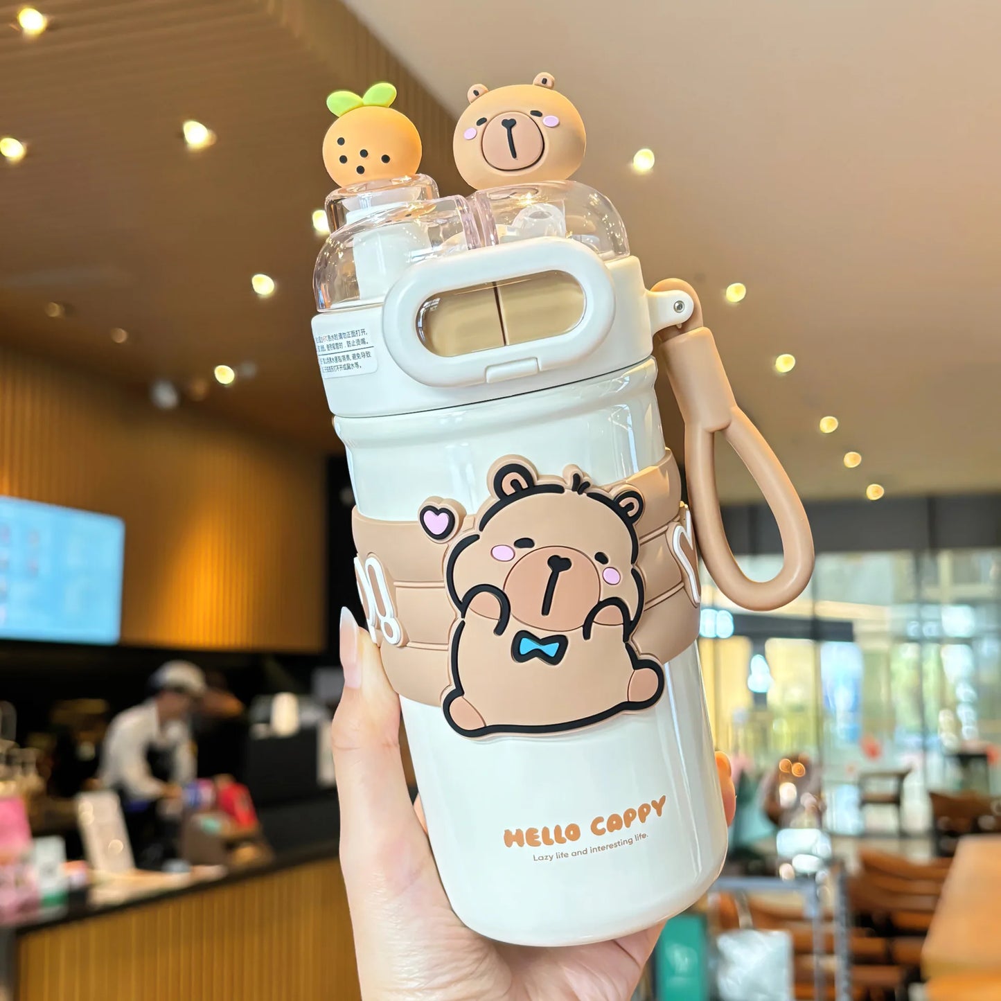 Capybara Stainless Steel Water Bottle — 520ml Vacuum Insulated with Straw
