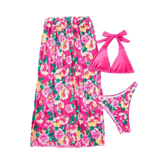 Sexy Split Swimsuit Swimming Suit High Slit Printed Three-piece Set