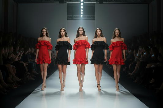 Diverse models - Red ruffled dress front view