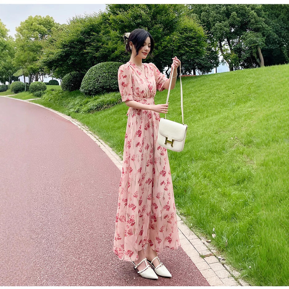 Women's Printed Midi French-Style Split Dress