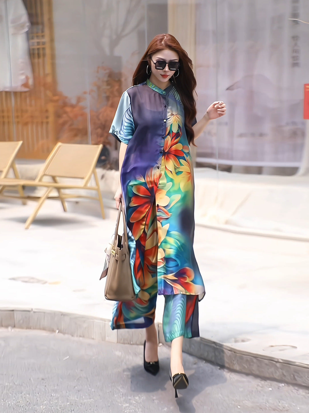 Retro Large Size Floral Print Open Cardigan & Wide Leg Pants Two-Piece Set for Women