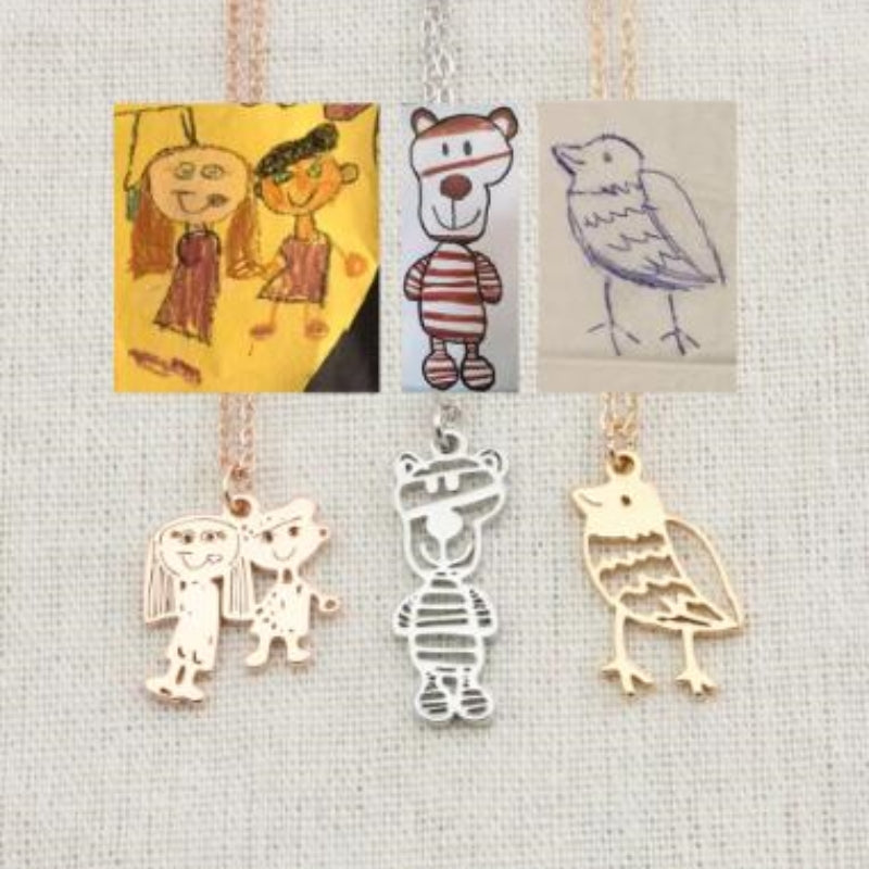 Personalized Kids Drawing Jewelry — Custom Artwork Necklace, Bracelet, Brooch, Keychain, Pendant & Stud
