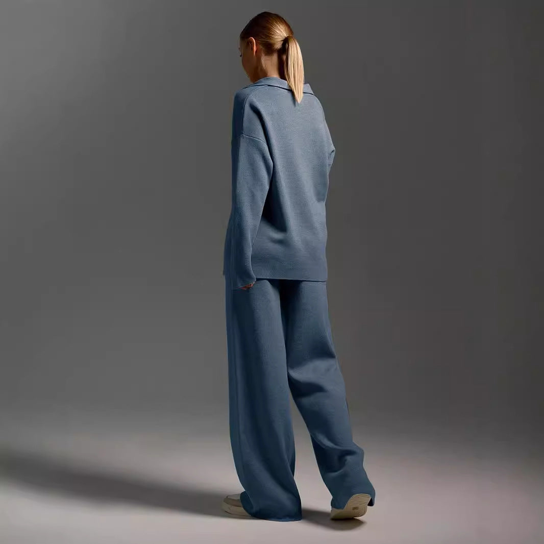 Women's Sweatshirt Suit Casual Collared Long-Sleeved Pullover Top And Loose Straight-Leg Pants Fashion Sport Trousers Set