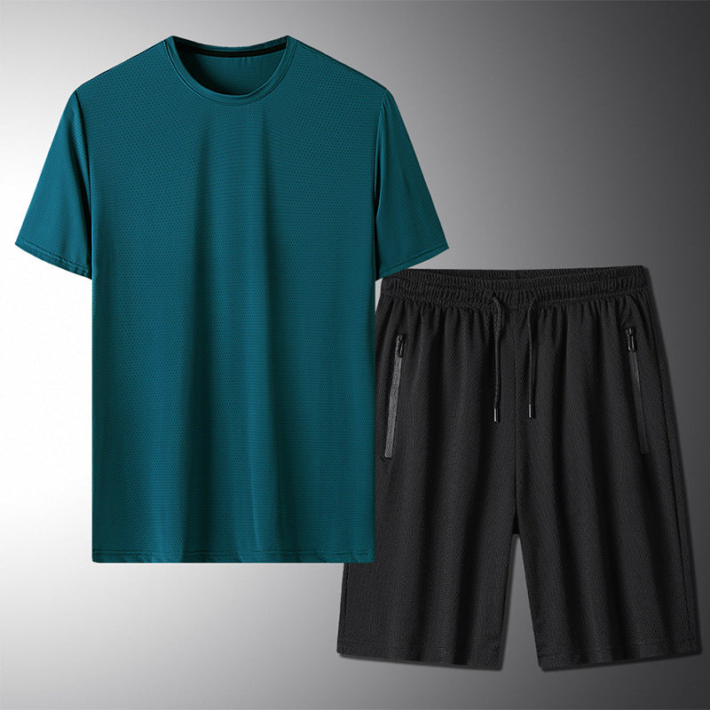 Outdoor Summer Short-sleeved Suit Male Ice Silk T-shirt Five-point Pants Sports Shorts Men's Breathable Short Set Two-piece Tide