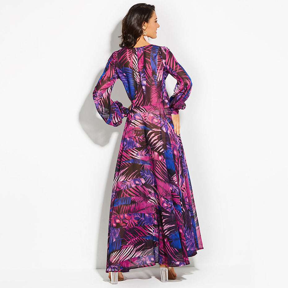 2025 Cross-Border Summer New Amazon European and American Lantern Sleeve Sexy Deep V Print Dress Green Leaf Long Skirt