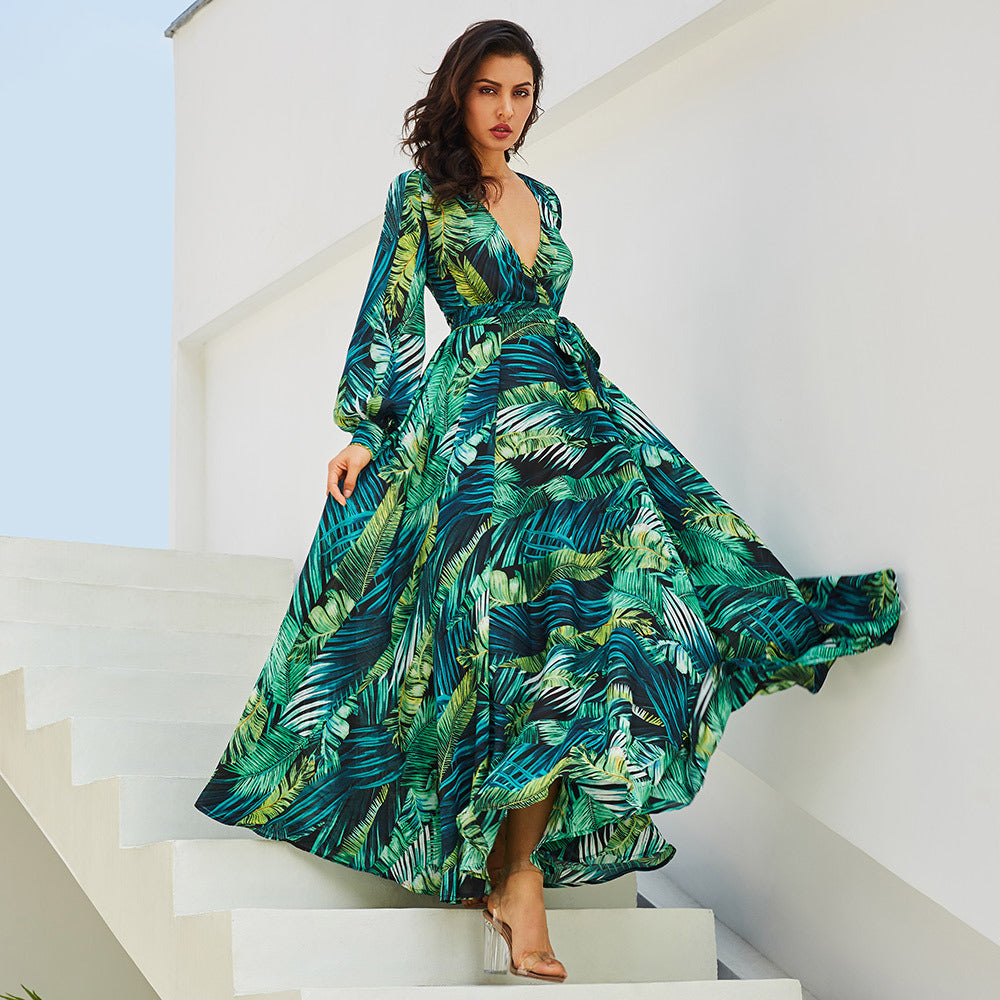 2025 Cross-Border Summer New Amazon European and American Lantern Sleeve Sexy Deep V Print Dress Green Leaf Long Skirt