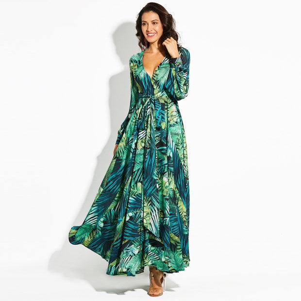 2025 Cross-Border Summer New Amazon European and American Lantern Sleeve Sexy Deep V Print Dress Green Leaf Long Skirt