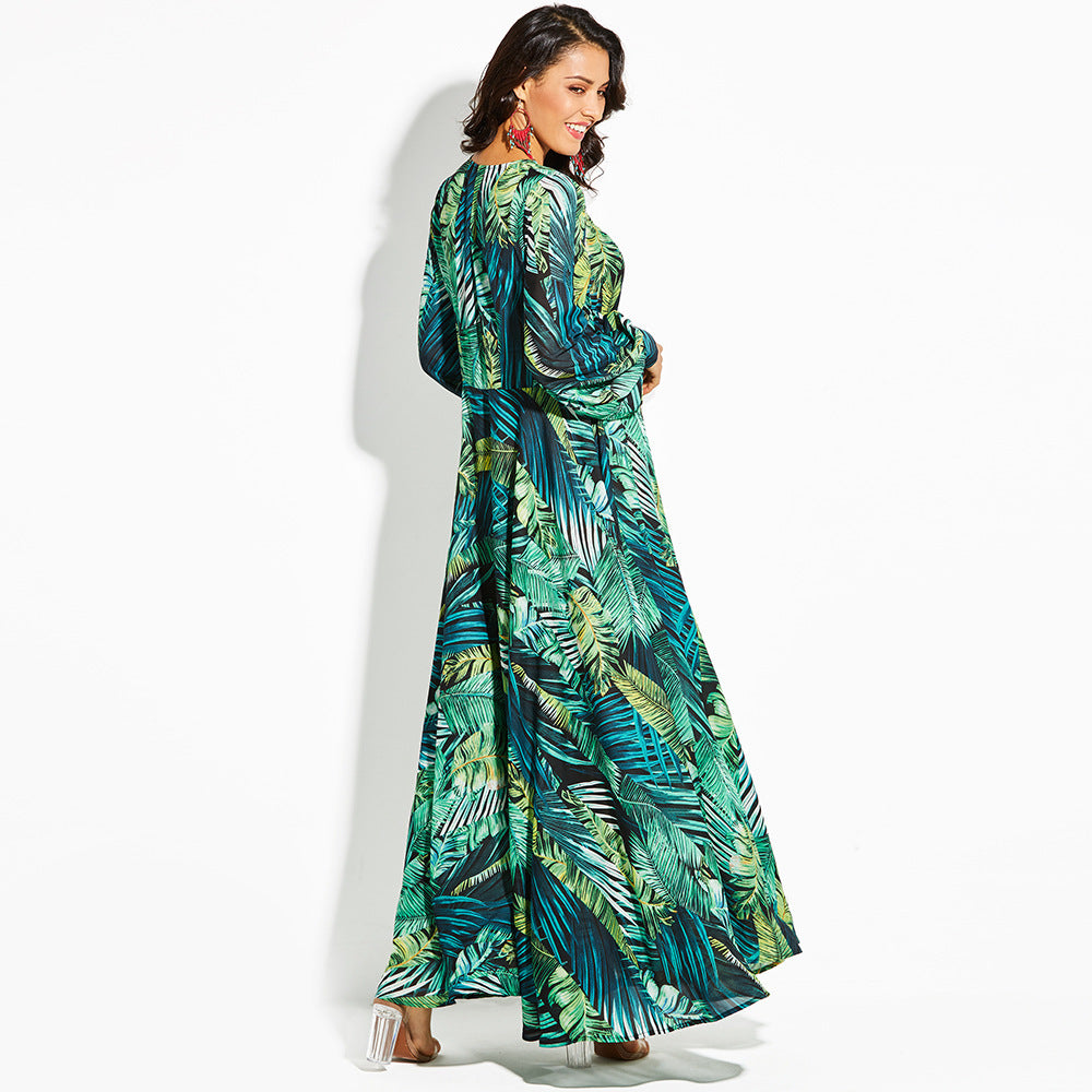 2025 Cross-Border Summer New Amazon European and American Lantern Sleeve Sexy Deep V Print Dress Green Leaf Long Skirt
