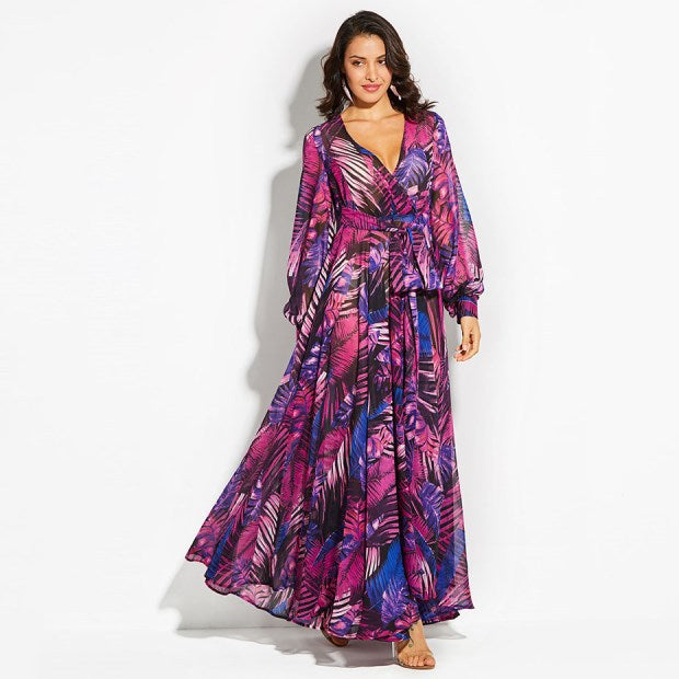 2025 Cross-Border Summer New Amazon European and American Lantern Sleeve Sexy Deep V Print Dress Green Leaf Long Skirt