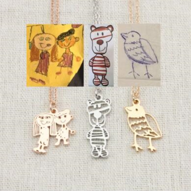 Personalized Kids Drawing Jewelry — Custom Artwork Necklace, Bracelet, Brooch, Keychain, Pendant & Stud