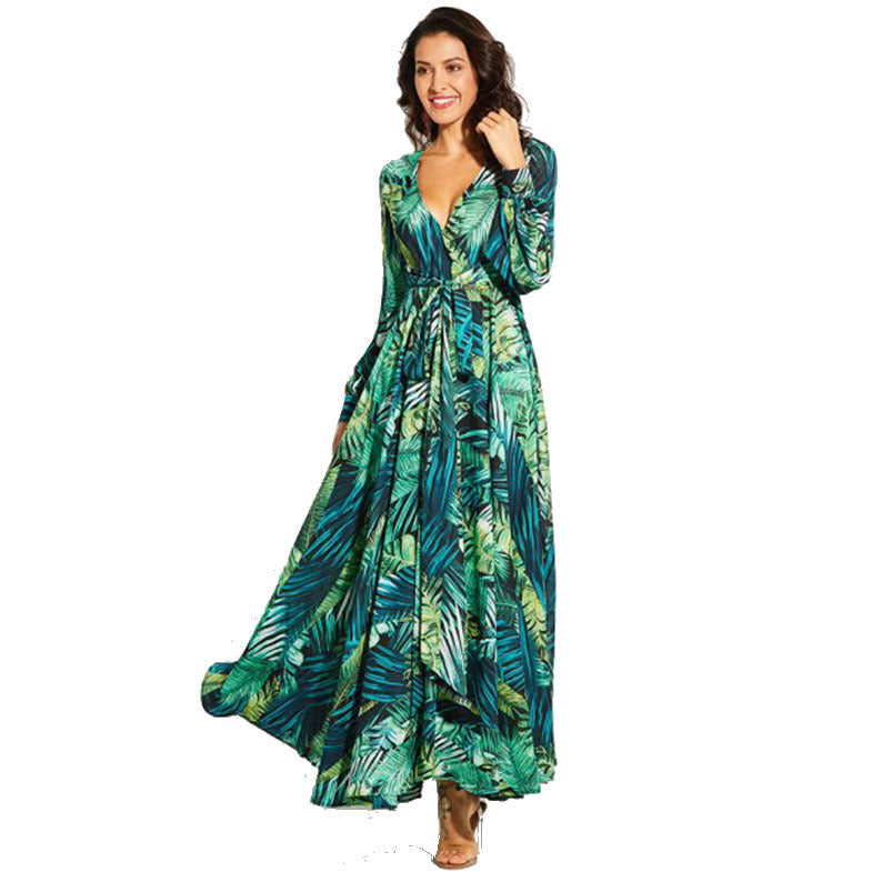 2025 Cross-Border Summer New Amazon European and American Lantern Sleeve Sexy Deep V Print Dress Green Leaf Long Skirt