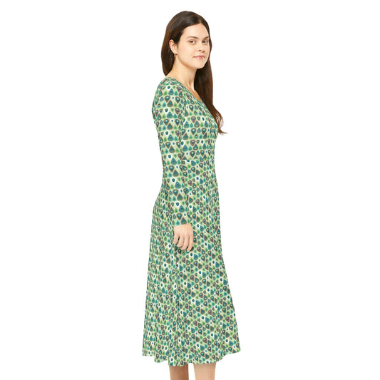 Green Teal Heart-Pattern Long Sleeve Dance Dress – AOP Fit & Flare