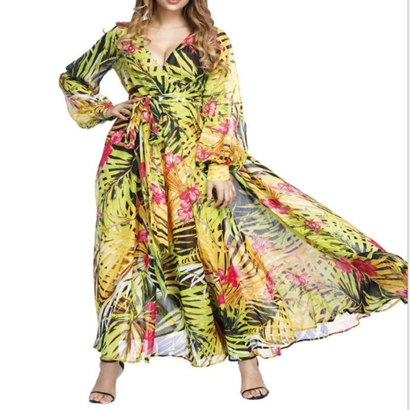 2025 Cross-Border Summer New Amazon European and American Lantern Sleeve Sexy Deep V Print Dress Green Leaf Long Skirt