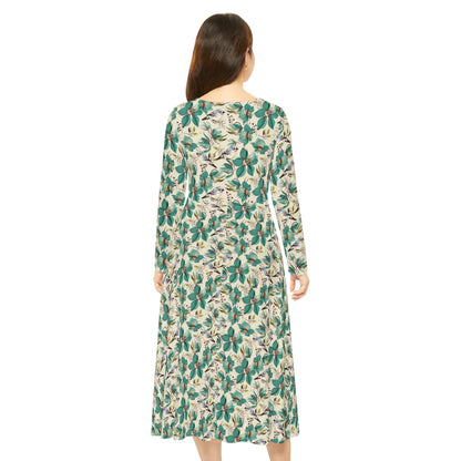 Floral Green Leaves Long-Sleeve Dance Dress – Vintage Botanical AOP