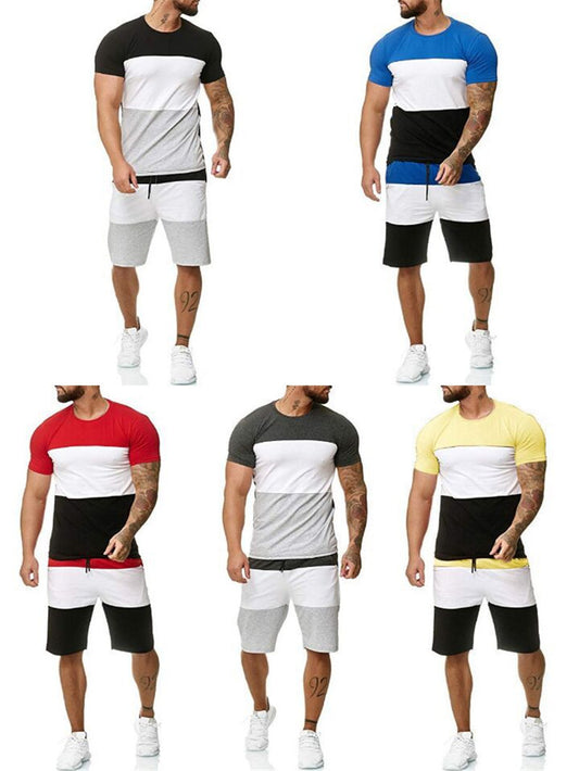 Summer Men's Stitching Casual Two-Piece Round Neck Color Matching Short-Sleeved Shorts Suit