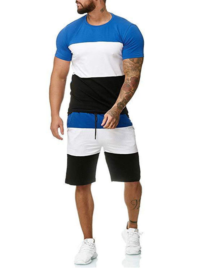 Summer Men's Stitching Casual Two-Piece Round Neck Color Matching Short-Sleeved Shorts Suit