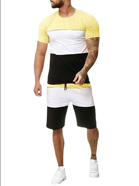 Summer Men's Stitching Casual Two-Piece Round Neck Color Matching Short-Sleeved Shorts Suit
