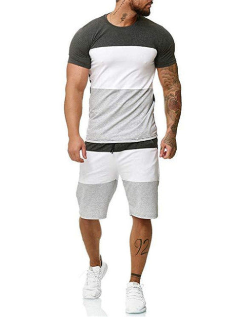Summer Men's Stitching Casual Two-Piece Round Neck Color Matching Short-Sleeved Shorts Suit