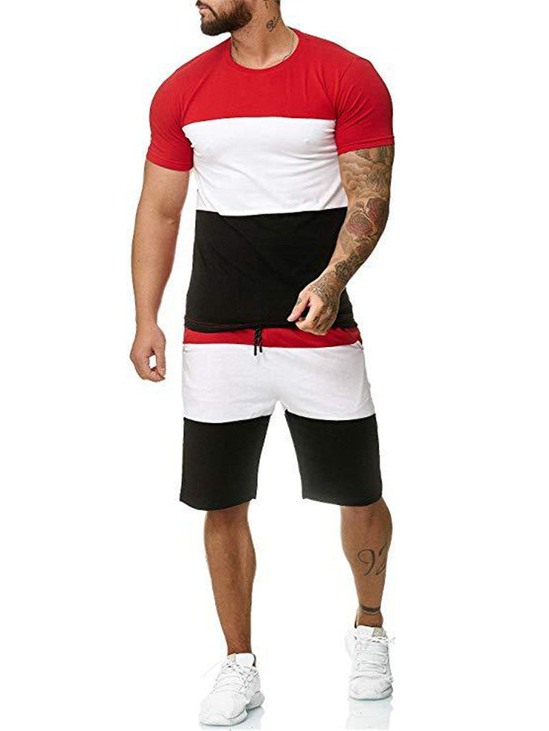 Summer Men's Stitching Casual Two-Piece Round Neck Color Matching Short-Sleeved Shorts Suit