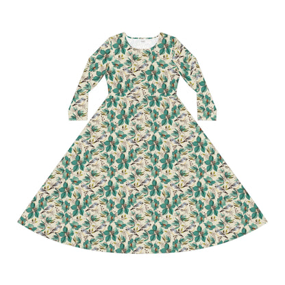 Floral Green Leaves Long-Sleeve Dance Dress – Vintage Botanical AOP