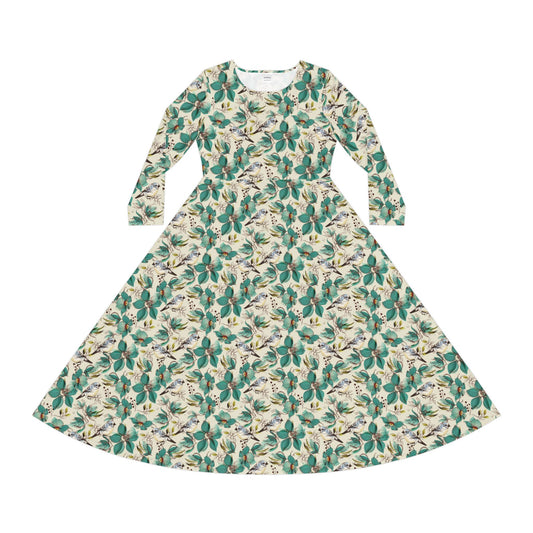 Floral Green Leaves Long-Sleeve Dance Dress – Vintage Botanical AOP