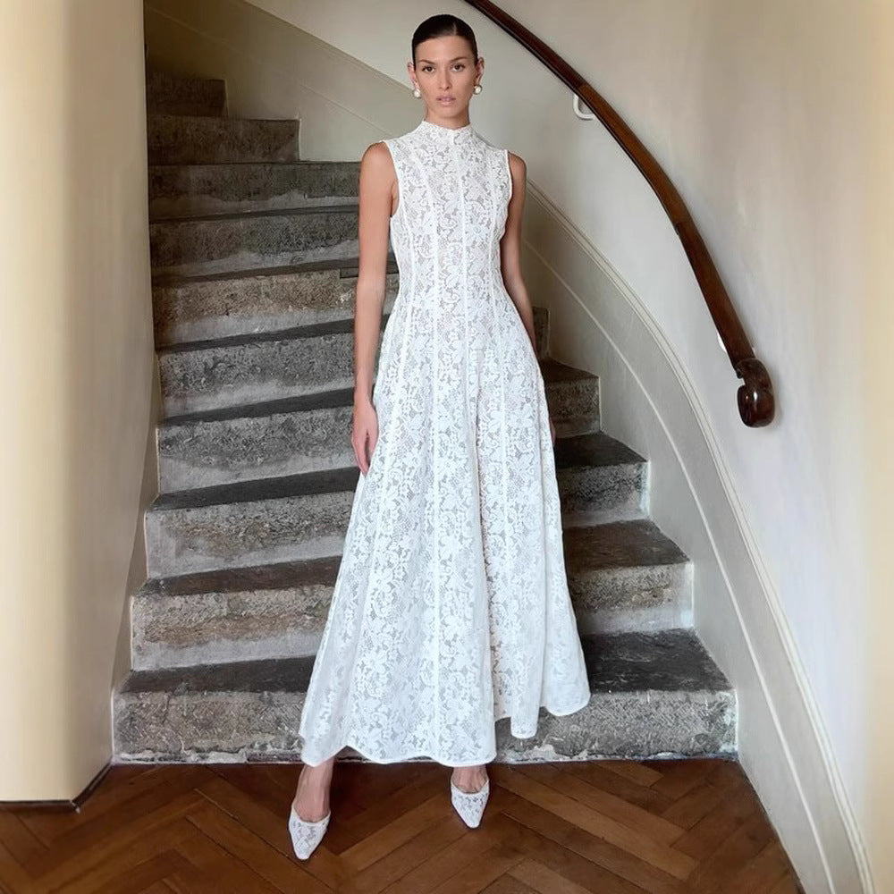 Half Turtleneck Sleeveless Lace High Waist Slim Fit Dress European And American