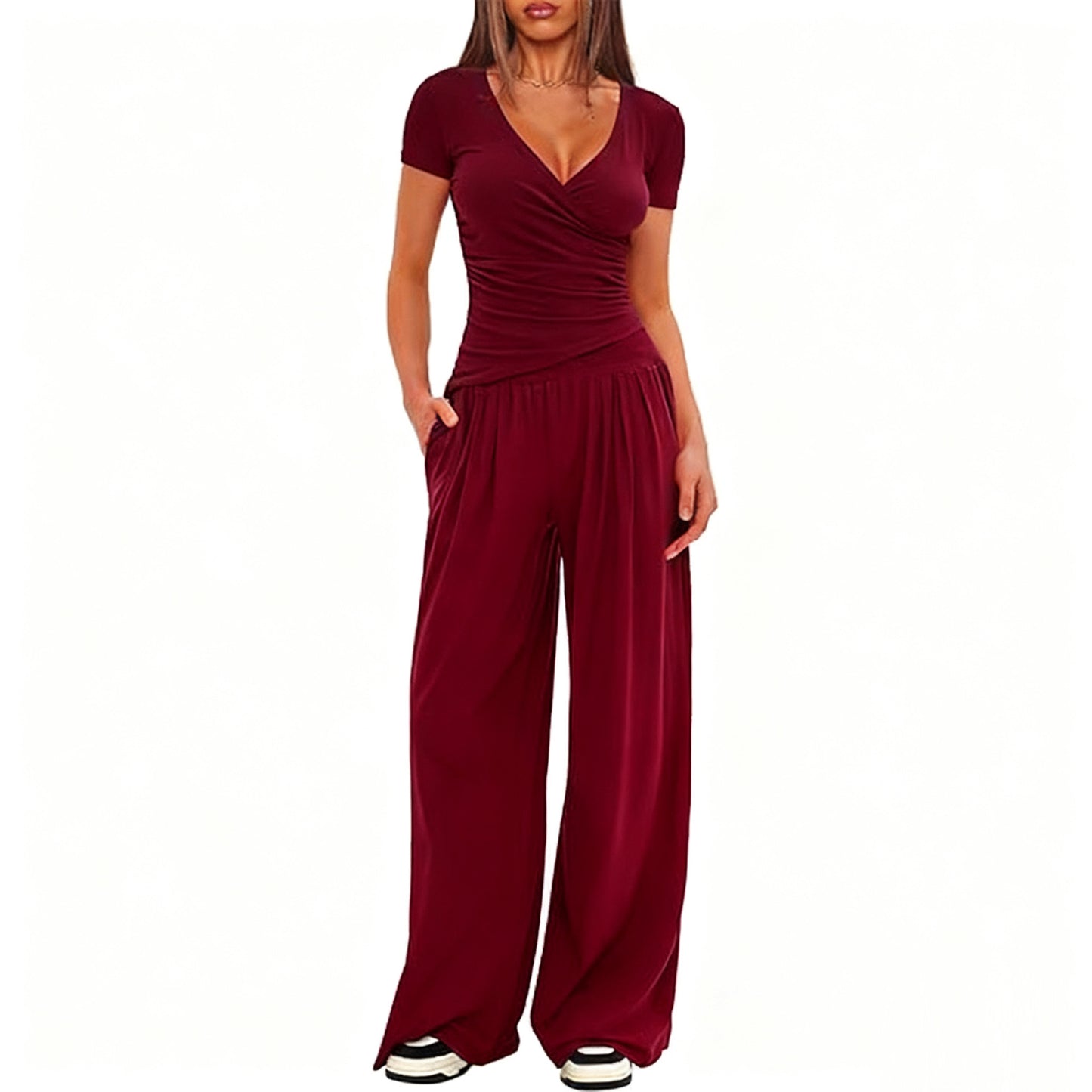2 Pieces Women's V Neck Short-sleeve Sportswear Top And Wide-leg Pants Set Casual Comfortable Outfit Set For Daily Wear Gym Sports Outfit