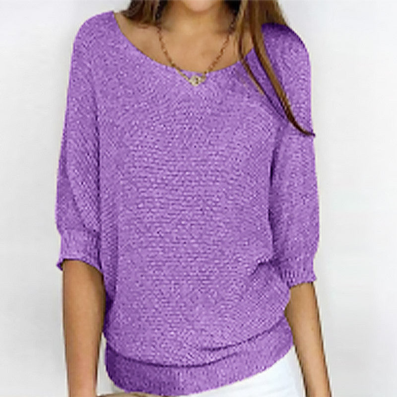Three-quarter Sleeve Pullover Sweater Fashion Solid Color Loose Round Neck Knitted Top For Women Clothing