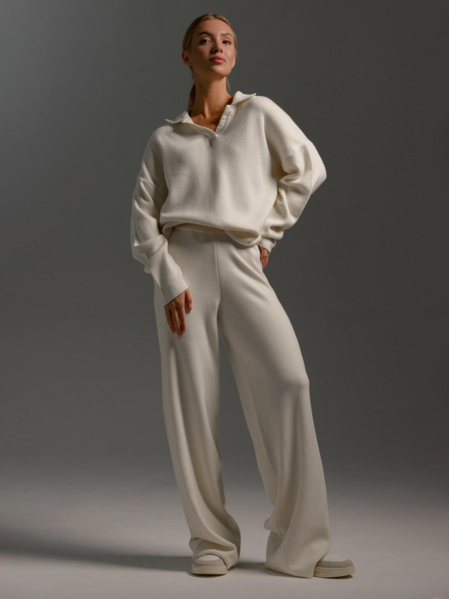 Women's Sweatshirt Suit Casual Collared Long-Sleeved Pullover Top And Loose Straight-Leg Pants Fashion Sport Trousers Set