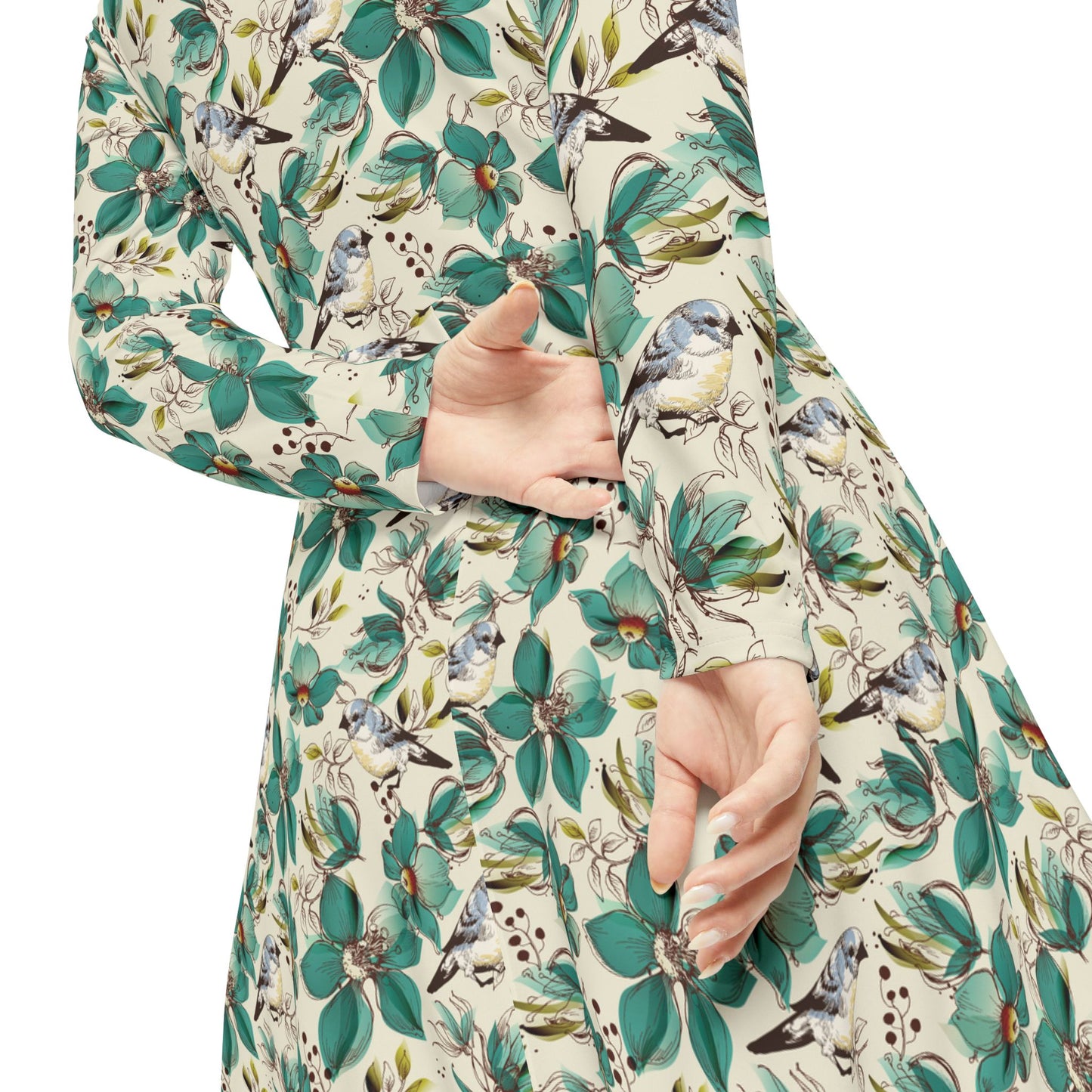 Floral Green Leaves Long-Sleeve Dance Dress – Vintage Botanical AOP