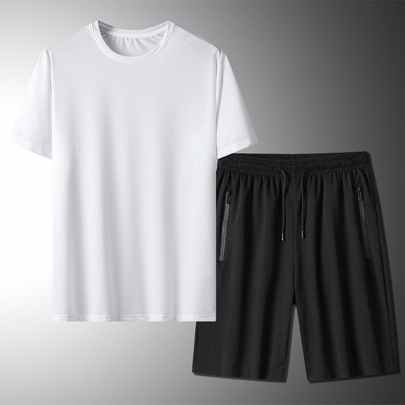 Outdoor Summer Short-sleeved Suit Male Ice Silk T-shirt Five-point Pants Sports Shorts Men's Breathable Short Set Two-piece Tide