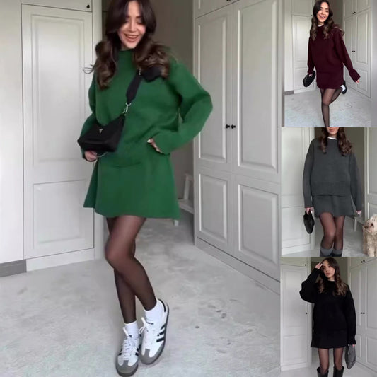 Conjuntos de falda de suéter para mujer, 2 piezas de punto casual versátil, jersey de manga larga, elegante, liso, cintura alta, minifalda, atuendo