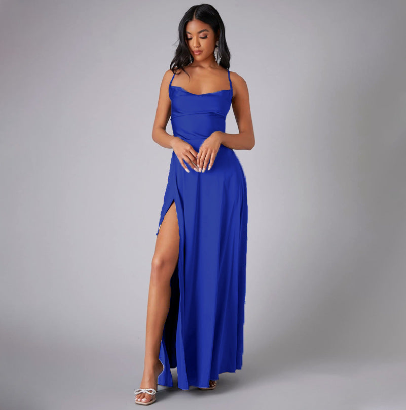 Summer Sexy Slimming Backless Strap Long Split Dress Women's Fashion High Waist Belted Gown V-neck