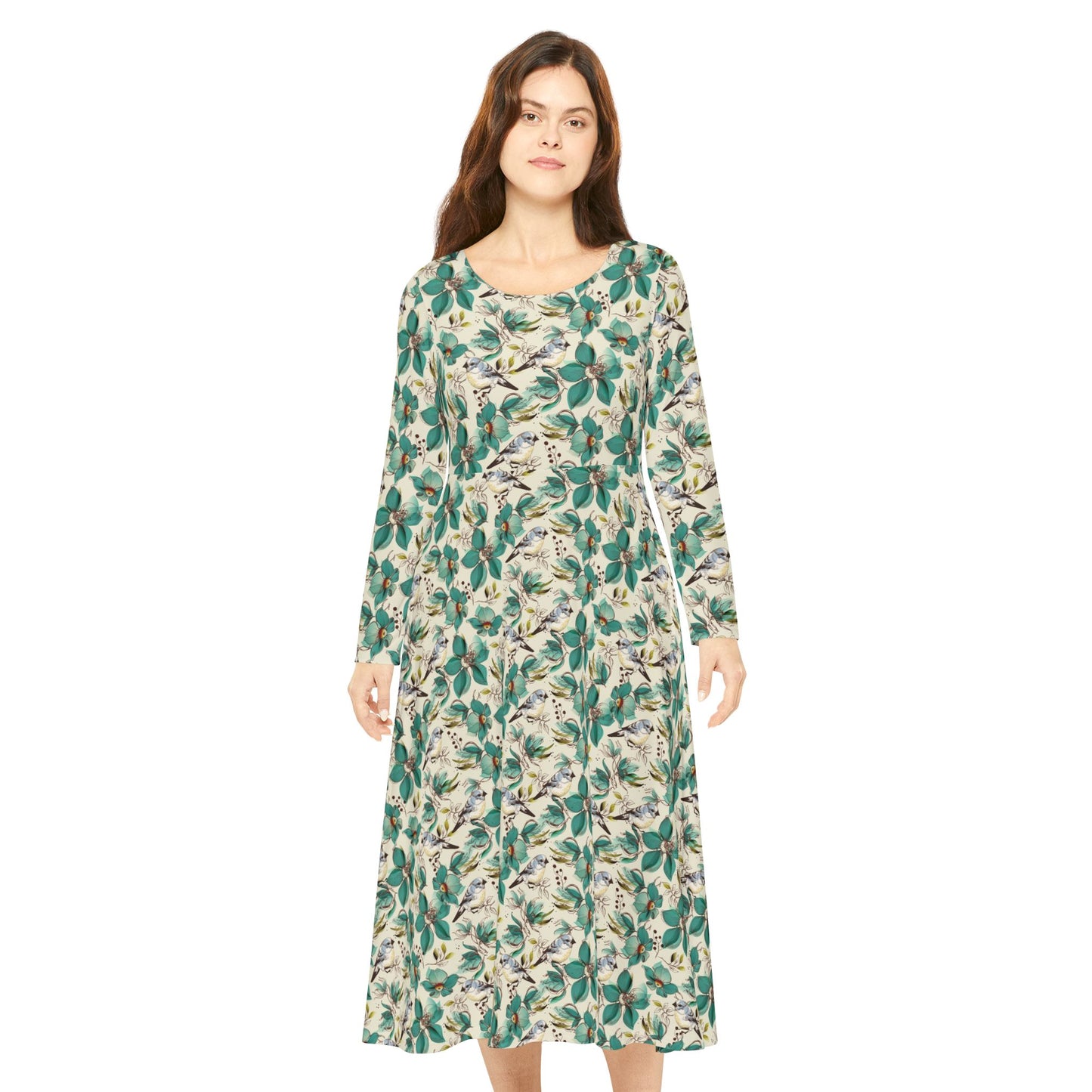 Floral Green Leaves Long-Sleeve Dance Dress – Vintage Botanical AOP
