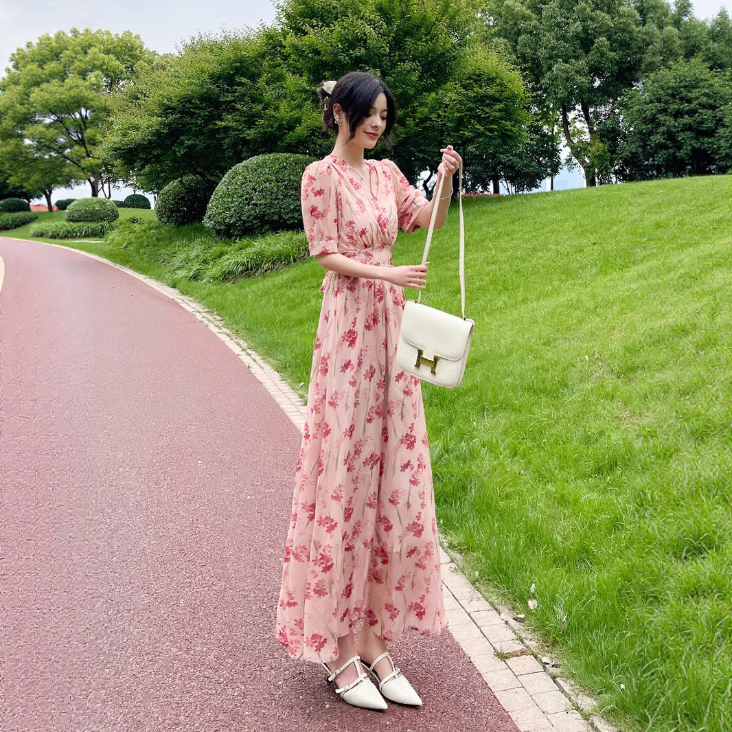 Women's Printed Midi French-Style Split Dress