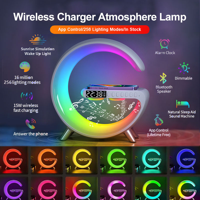 Smart LED Atmosphere Lamp with Wireless Charger & Bluetooth Speaker – US Plug
